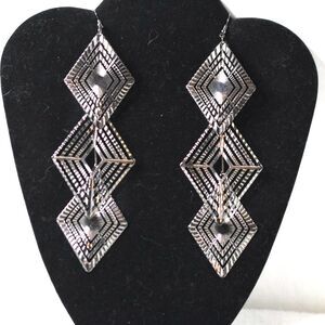 Black Metal Art Deco 6.5" Triple Layer Diamond Shape Hook Statement Earrings